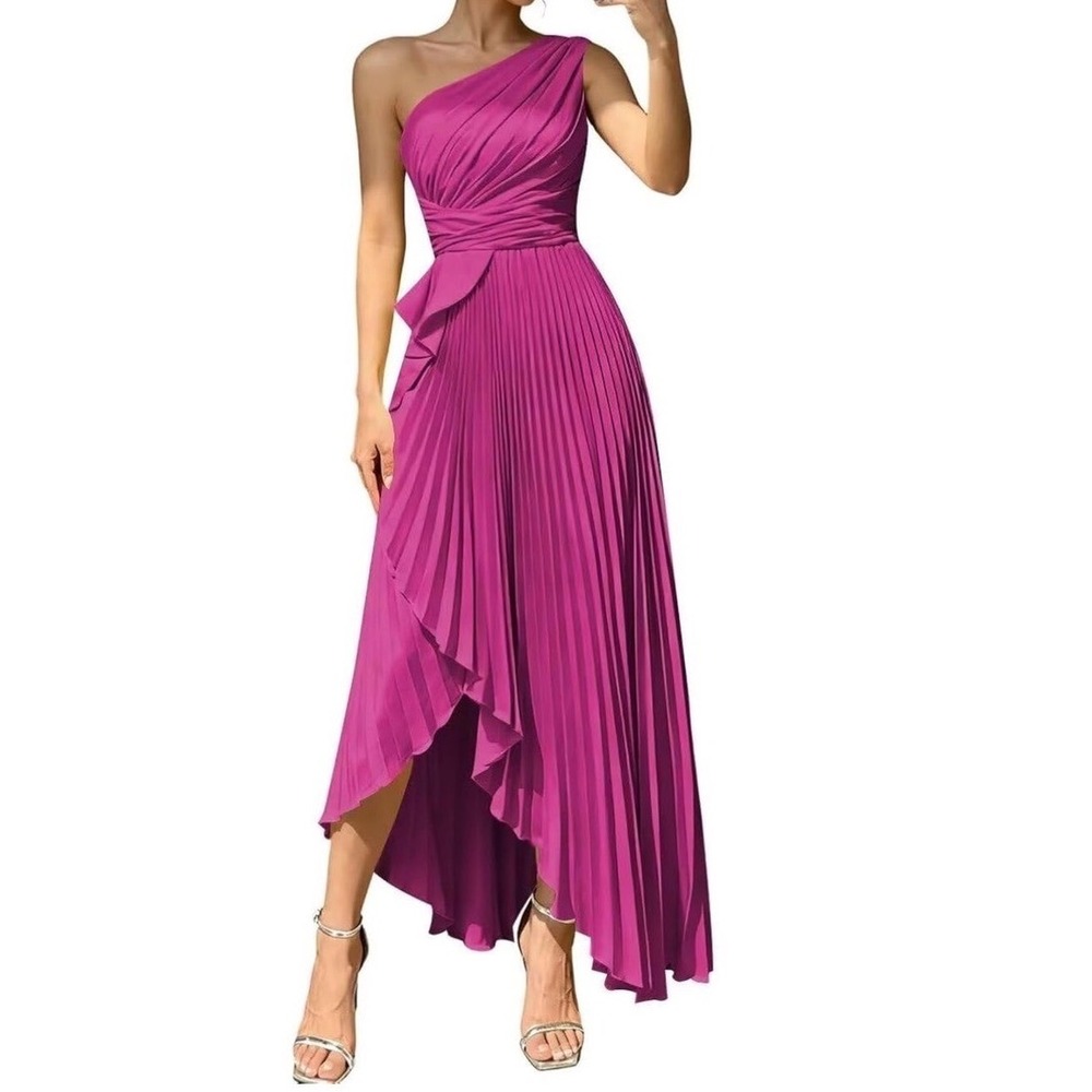 Unbranded One Shoulder Pleated Maxi Dress Womens Size 4 Magenta Pink Satin NWT
